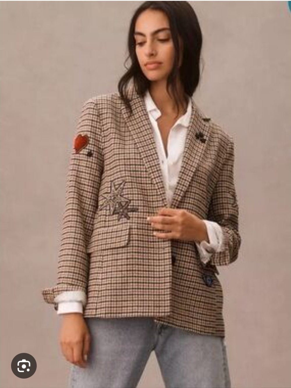 Anthropologie Applique Houndstooth Blazer Jacket Women's Size Small Patchwork